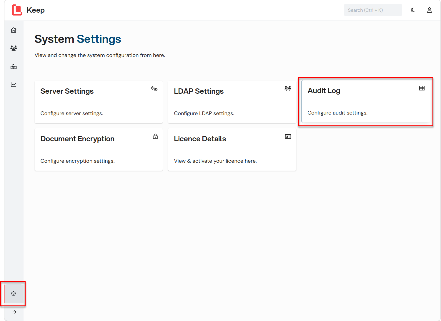 The Settings admin menu icon and the Audit Log settings tile.